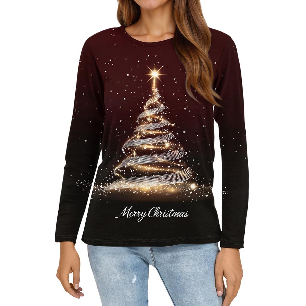 Women's Fashion Casual Slit Hem Round Neck Long Sleeve Loose Christmas Printed T-Shirt Ladies Top