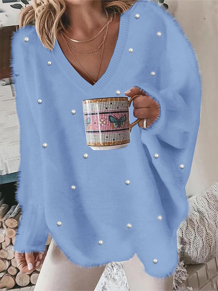 2025 H/W V-Ausschnitt Perlenbesetzter Einfarbiger Pullover für Damen