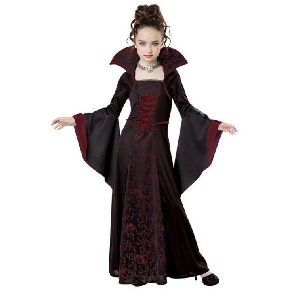 Robe Déguisement Sorcière Enfant, Tricot Coton Polyester, Manches Longues, Manches Évasées, Motif Imprimé, Blanc/Rouge Vin, Tailles 110-160cm