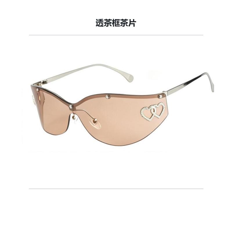 Personalized curved lenses, one-piece frameless elegant sunglasses, women's high-end double heart-shaped decorative sunglasses