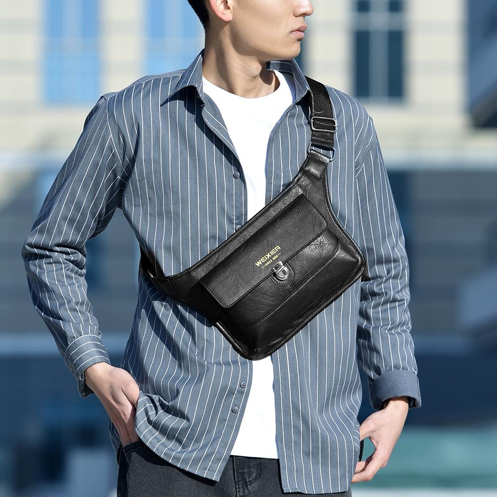 WEIXIER Men's Leather Sling Bag Crossbody Shoulder Bag Waterproof Messenger Waist Chest Bag Briefcase Travel Bag