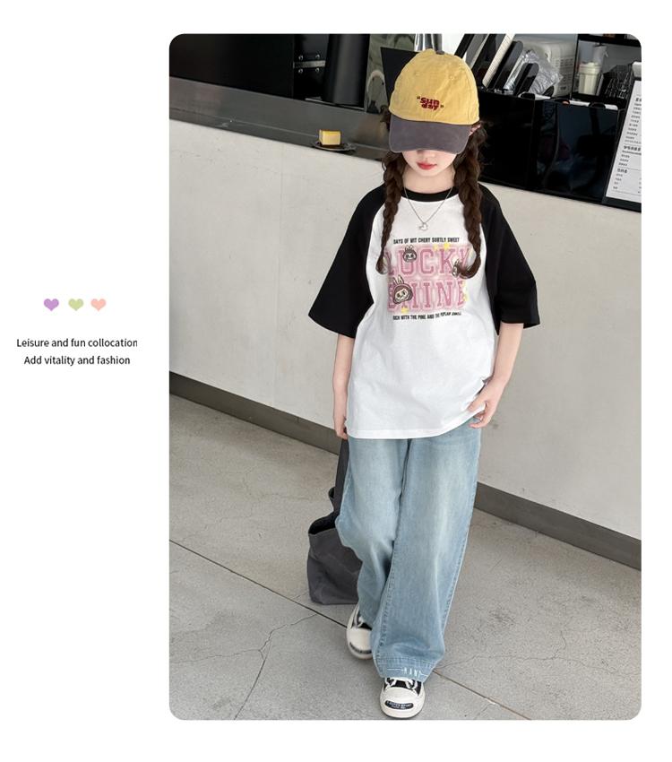 Girls' Short Sleeved Summer New Style Slimming Color Blocked Medium and Large Children's Stylish T-shirt Fashionable Pure Cotton Top