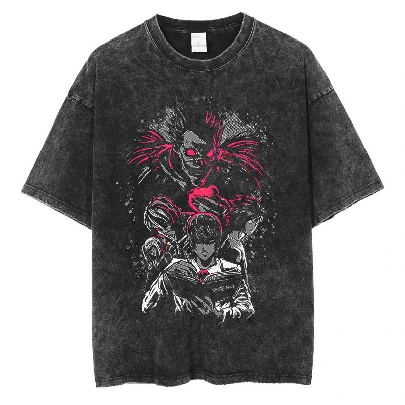 Harajuku Retro Washed T-shirt Anime Graphic Printed T-shirt Oversized Fashionable Streetwear Unisex T-shirt