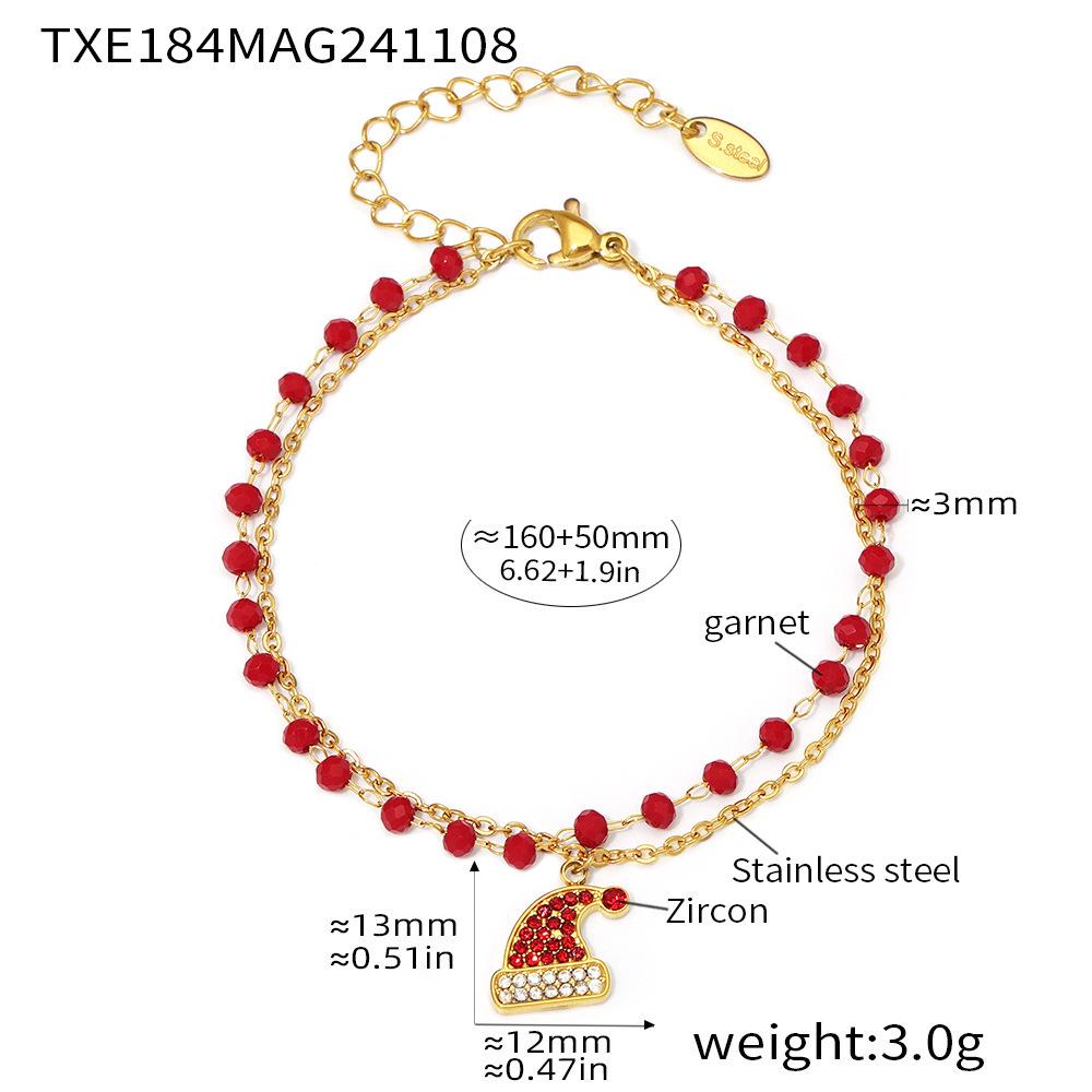 Qiongyao Zircon Christmas Hat Pendant Garnet Necklace & Bracelet Set - Exquisite Festive Gift