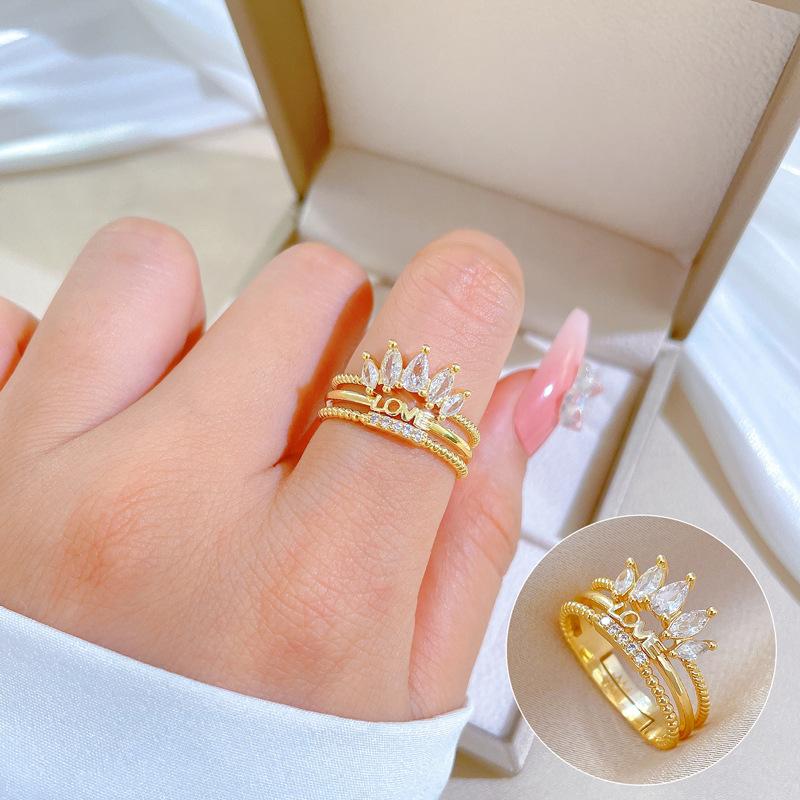 Real Gold Love Crown Full Diamond Ring Opening Adjustable Simple Jewelry Japanese Ring Couple Ring