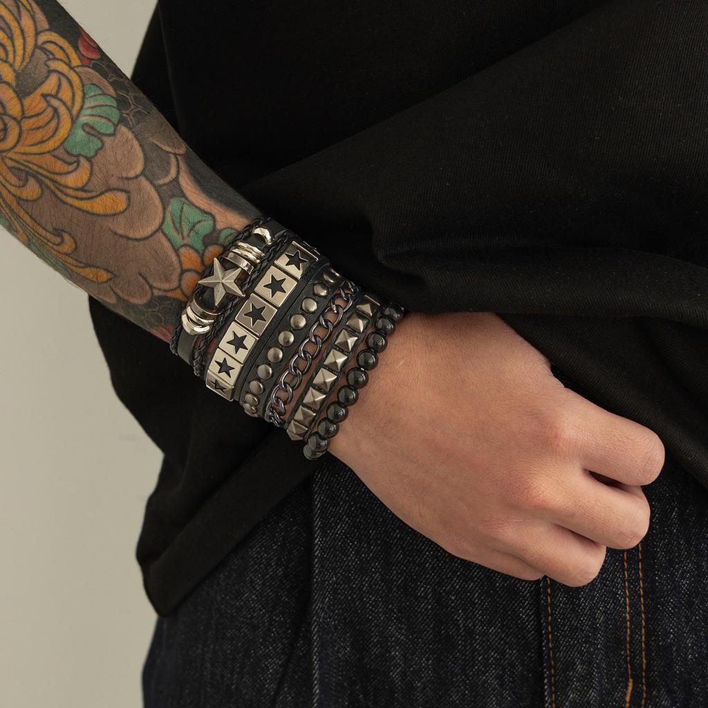 Vintage Fashion Five-Pointed Star Leather Bracelet for Men Hip-Hop Personality Chain Bracelet Men's Beaded Jewelry