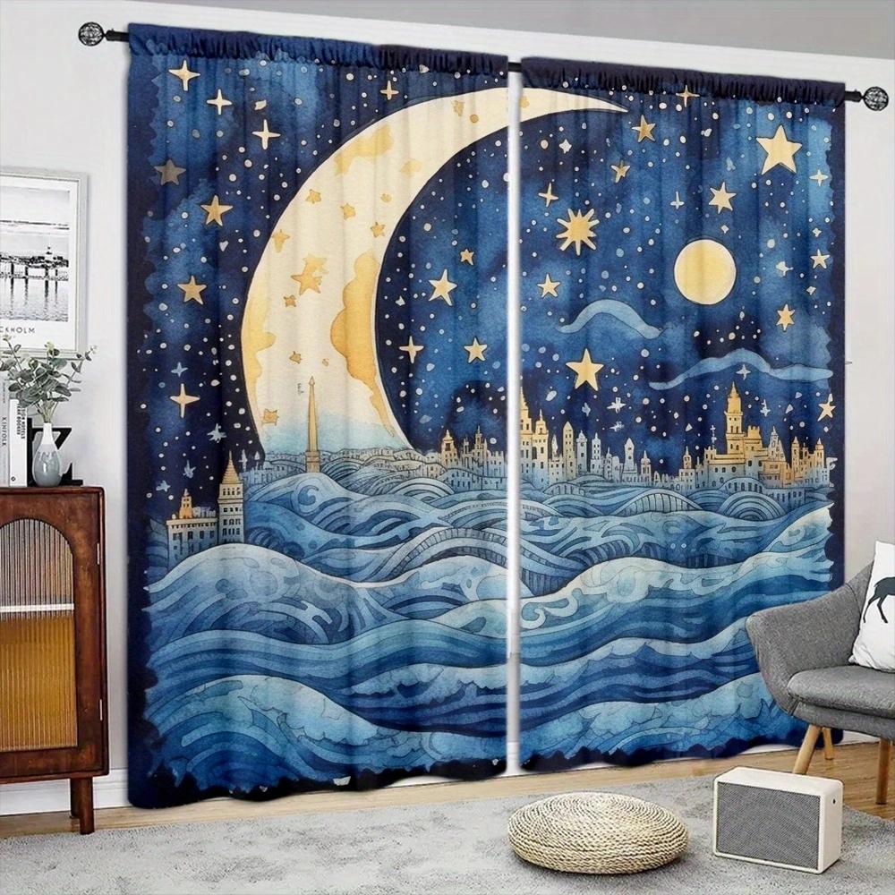 2PCS The Moon In Fairy Tales Printed Curtain for Home Decor-Rod Pocket Window Treatment for Bedroom, Kitchen, Living Room