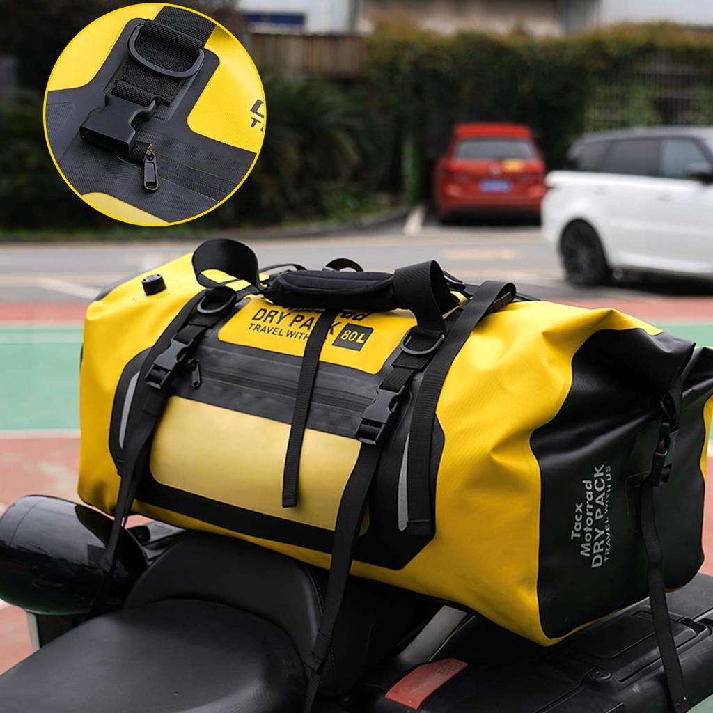 Tacx TAX928 Yellow Seat 80L Large Waterproof Motorcycle Touring Bag with Fixed Strap and Shoulder Strap Bag, Capacity,