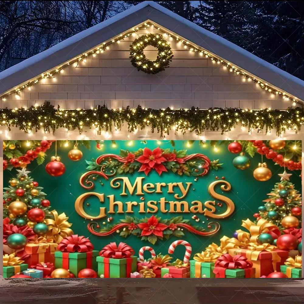 Merry Christmas Garage Door Background Banner Xmas Tree Gift Santa Claus Backdrop Winter Christmas Party Outdoor Wall Decoration