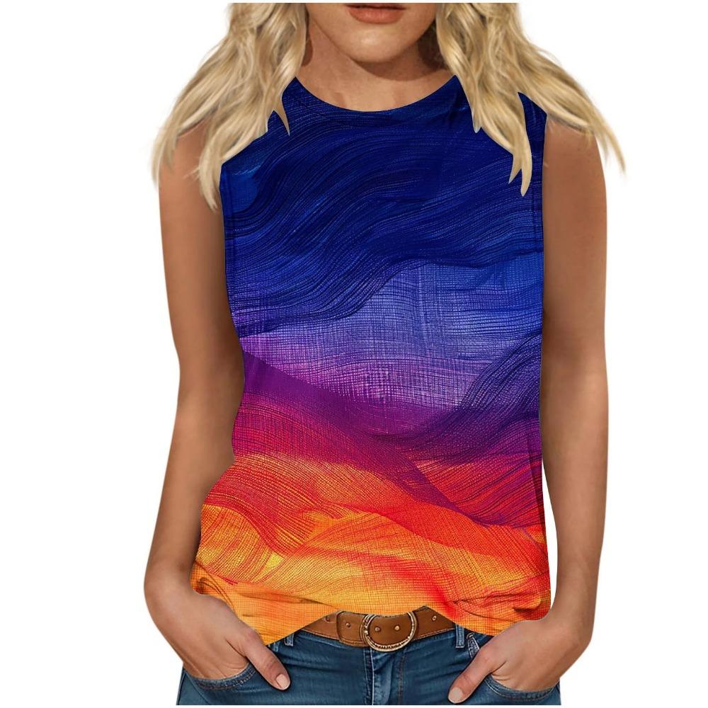 Bunte Streifen 3D-Druck Tanktops Damen Neu O-Ausschnitt Lässige Weste Schulterfrei Y2k Elegant Ärmelloses Top Camisole Damenbekleidung