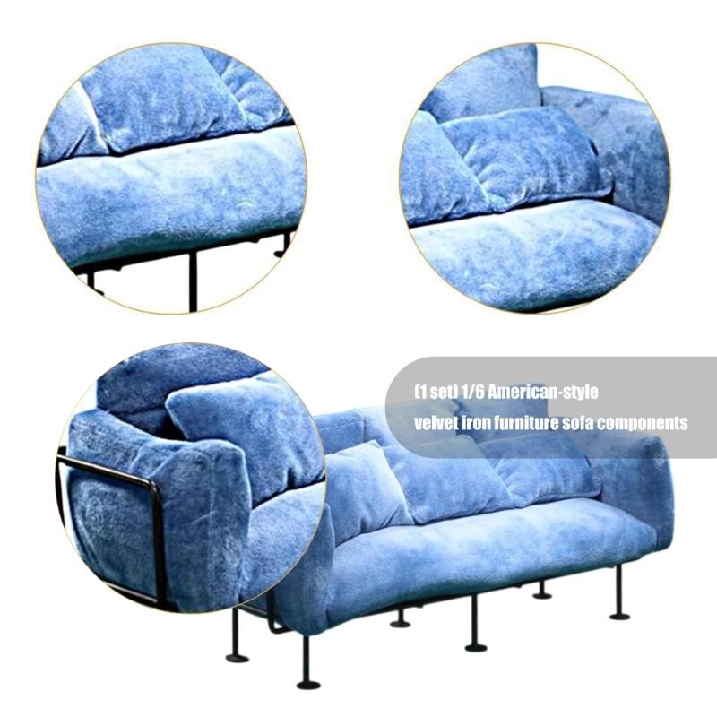 European Styles Velvet Sofa Furniture With Removable Cushion And Metal Frame for 1/6 Doll House Scene Display Accessories