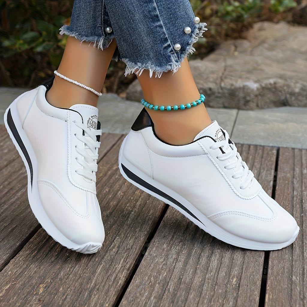 Women's Low-Top Sneakers Striped Sole White Sneakers Casual Outfits - Sporty Lace-Up Shoes with Fabric Upper Women Shoes