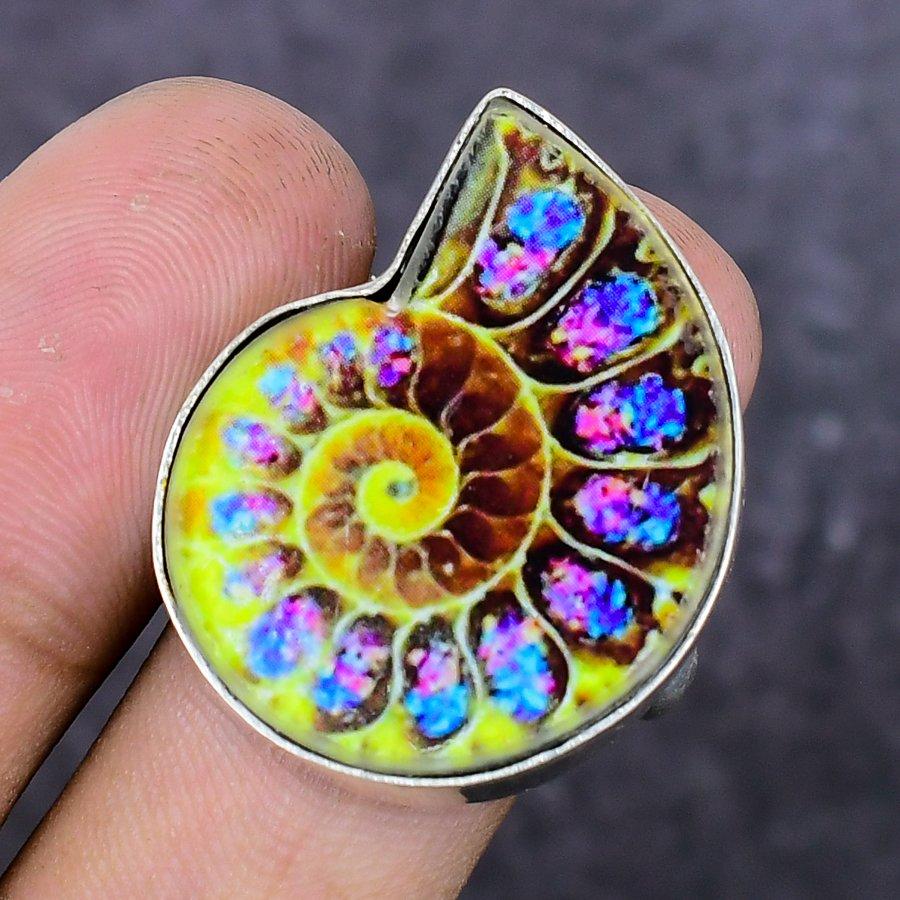 Natural Ammonite Fossil Gemstone 925 Sterling Silver Jewelry Ring Size 8.5 Q4s29