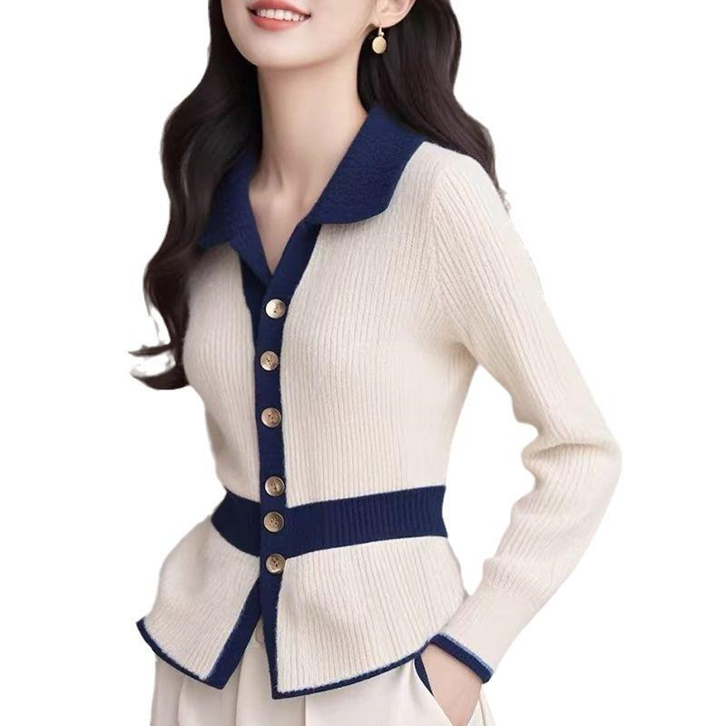 Lapel Long-sleeved Knitted Sweater Women's Autumn and Winter Design Sense Contrasting Colors, Waist and Thin Top Temperament Jacket
