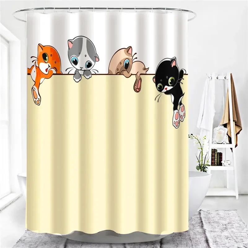 3D Cartoons Black White Cat Bathroom Waterproof Shower Curtain Simple Footprint Bathroom Curtains Set Bathtub Screen With Hooks