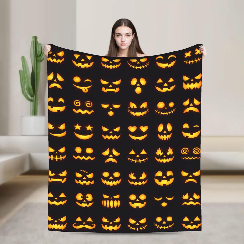 Halloween Glowing Jack O Lantern Different Face Collection Blanket Warm Soft Throw Blanket Winter Home Plane Travel Bedspread