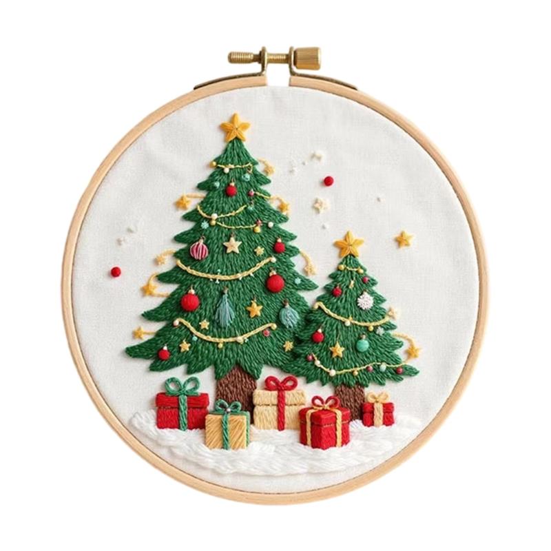 Christmas Themed Embroidery Set with Embroidery Hoop Cloth Thread Needle Instructions for Beginner Handmade Art Craft top sale
