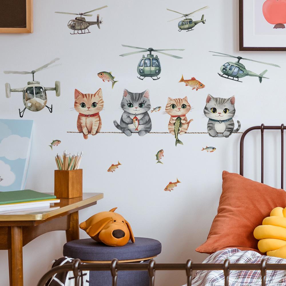 Playful Cartoon Kitten In Flying Helicopter Wall Sticker Cute Adventure Self-Adhesive Decor for Kids Room Nursery Bedroom Living Room