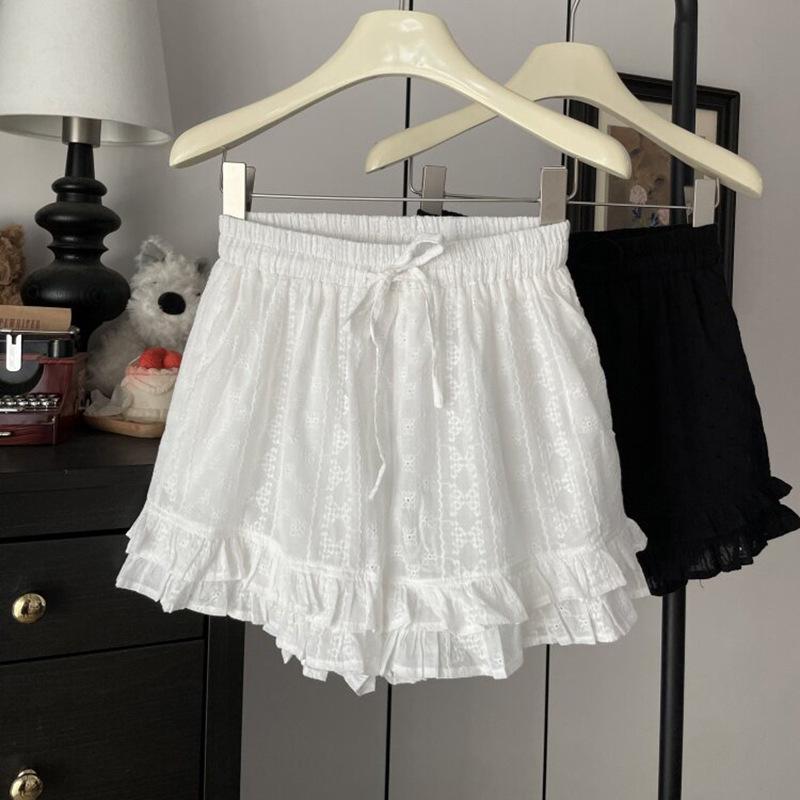 Women s Plus Size Autumn A-line Shorts - Petite White with Lace Trim, Loose Fit, Korean Style M белый
