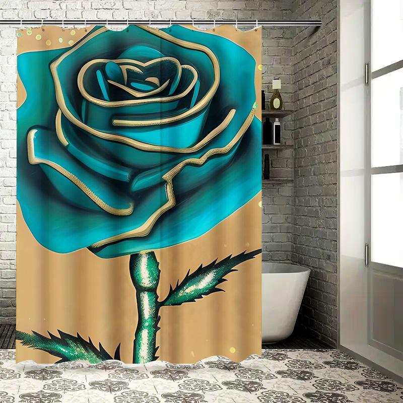 Teal Rose Shower Curtain - Luxurious Gold-Trimmed Floral Design For A Waterproof And Unique Bathroom Dcor Set