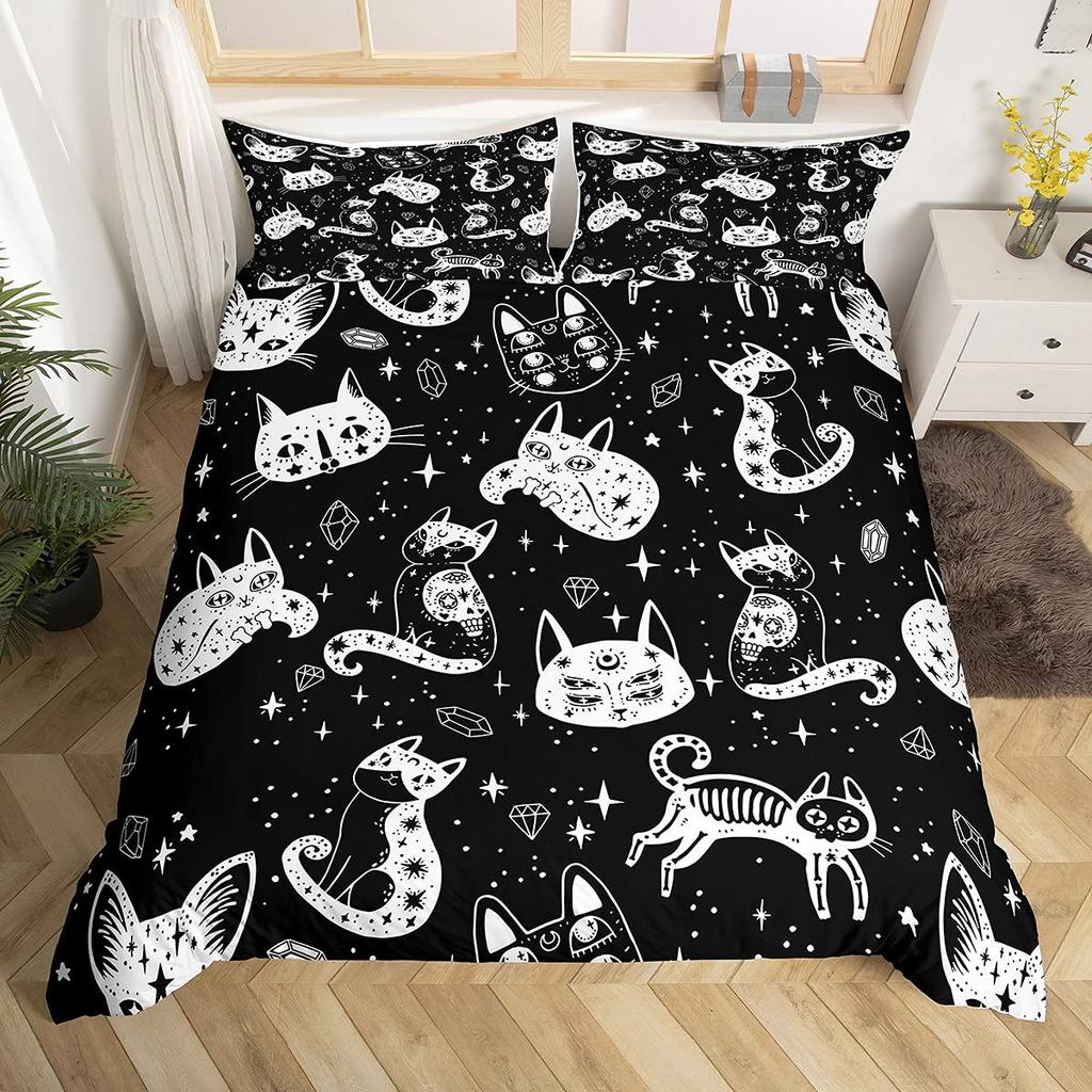 Cute Kitten Bedding For Girls Boys Black Cat Pattern 3 Piece Decorative Duvet Cover Set King Size Bedroom Decor Comforter Cover