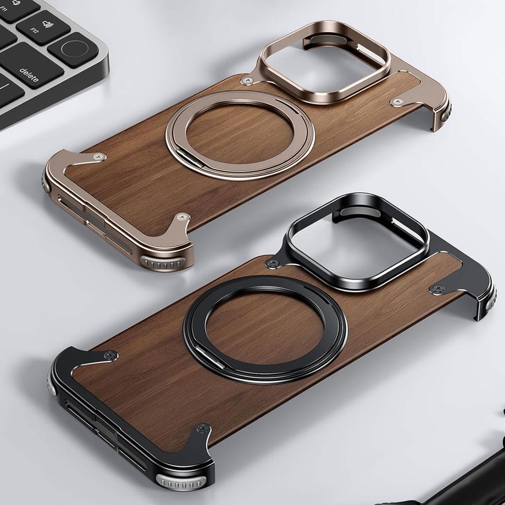 Eary Solid Wood Phone Case for iPhone 17 16 15 14 Pro Max for Magsafe 360° Rotatable Stand Magnetic Shockproof Protective Cover