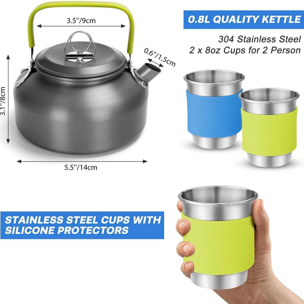Portable Outdoor Cookware Set for 2-3 People with Teapot - Hard Anodized Aluminum, New Product