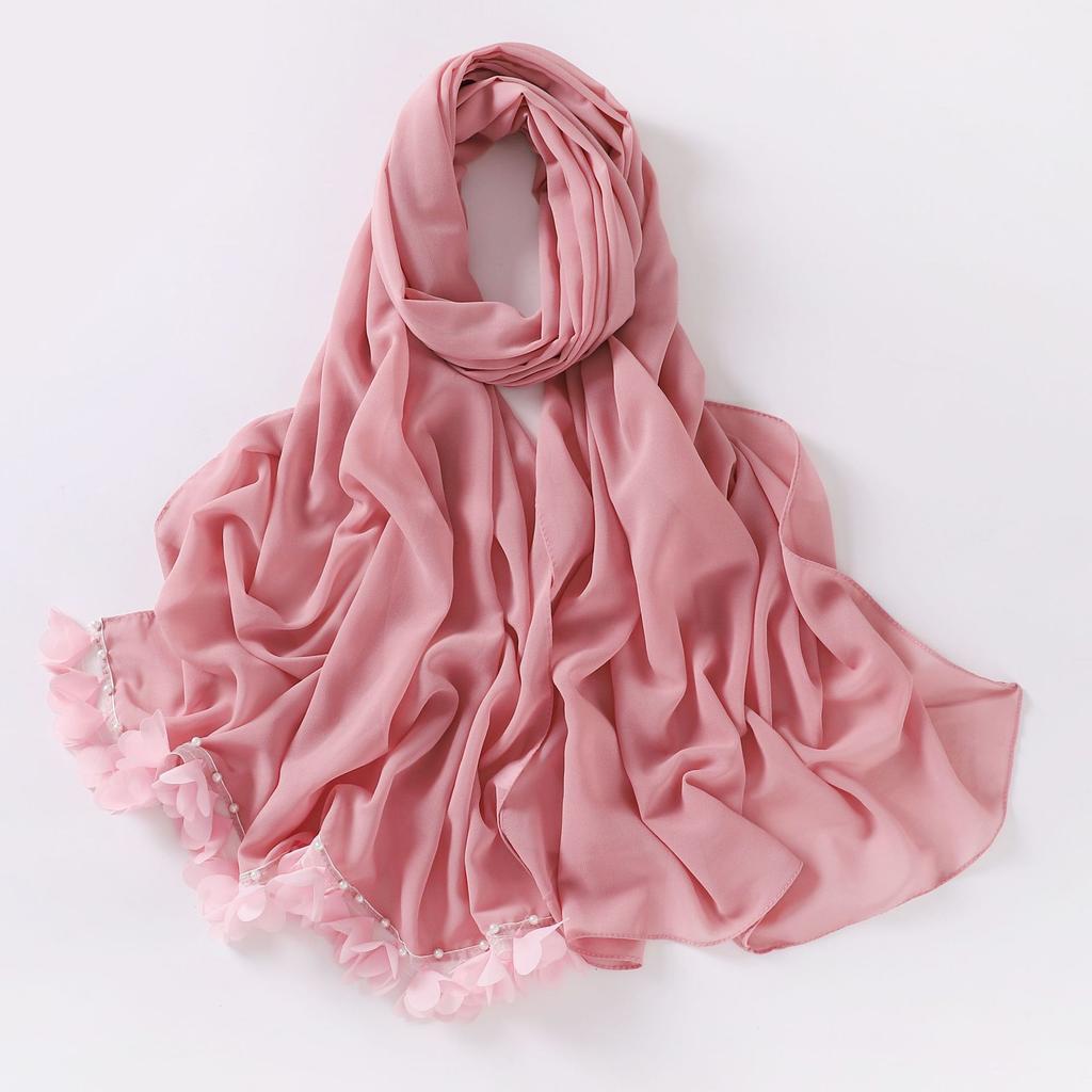 Fashion Bubble Pearl Chiffon Scarf Flower Beads Hijab Muslim Women Headscarf Turban Shawl Wrap Islam Veil Stoles Scarves Bufanda
