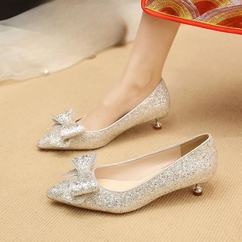Fashion Women's Slim Heel Shoes Fall New Pointy Shallow Mouth Butterfly Knot Sequin Non-slip Temperament Low Top Shoes