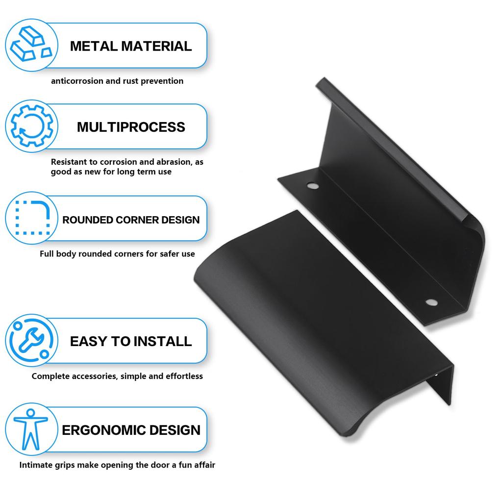 10pk 80mm Black Hidden Cabinet Handles - Invisible Drawer Pulls for Kitchen & Furniture