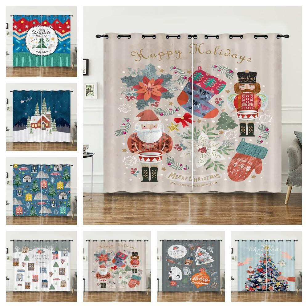 Curtains Christmas Illustration 3D Digital Printing Blackout Curtain Perforated Bedroom Living Room