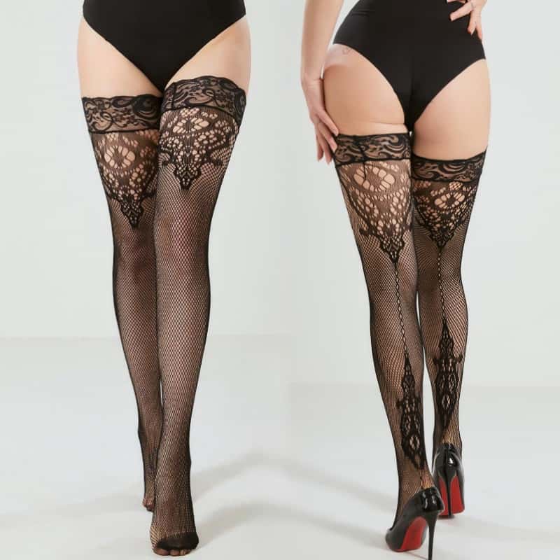 Übergröße Sexy Lolita Mädchen Kniehoch Spitzenoberteil Anti-Rutsch Fischernetz Lange Socken Oberschenkelhoch Netzstrümpfe für Damen XXL Schwarz Weiß