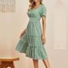 Summer Women Casual Dress Chiffon Medium Long A-Line Short Sleeve Square Collar Ruffles Dot Print Pattern Red Black Blue Green