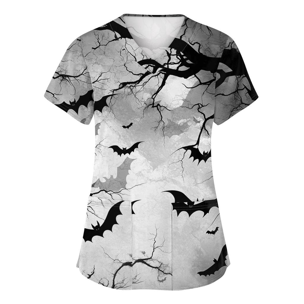 Women's Fashion V-neck Short-sleeved Work Uniform With Pockets, Halloween Print Top