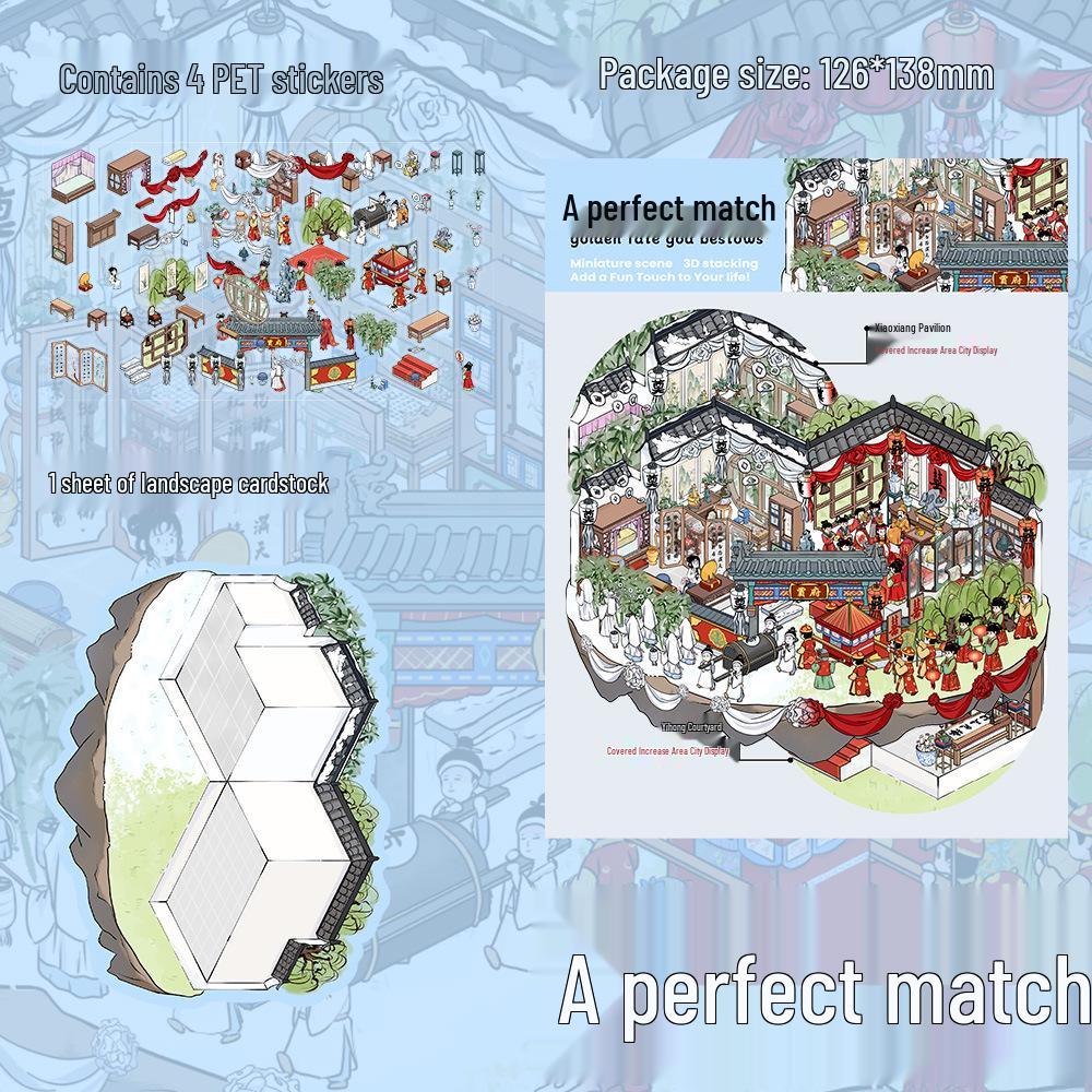 PET Golden Jade Scenery Stickers - 4 Sheets for DIY Miniature Scenes and Journals