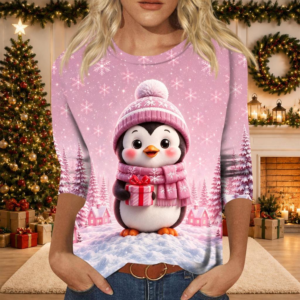 Women's Casual 3/4 Sleeve Neck Christmas Print Top with Festive Holiday Design