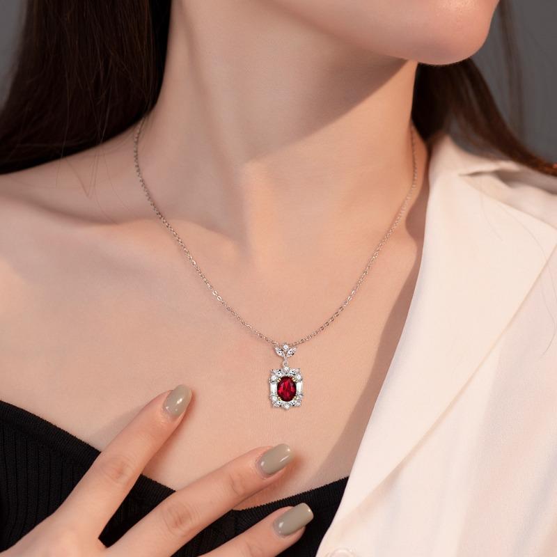 S925 Silver Ruby Pendant Natural Garnet Zircon Necklace Women's High-end European and American Style Sterling Silver Collarbone Chain