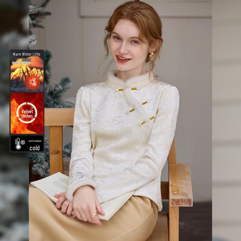 Bailuyu Women s New Chinese Style Fleece-Lined Fringed Stand-Up Collar Blouse M