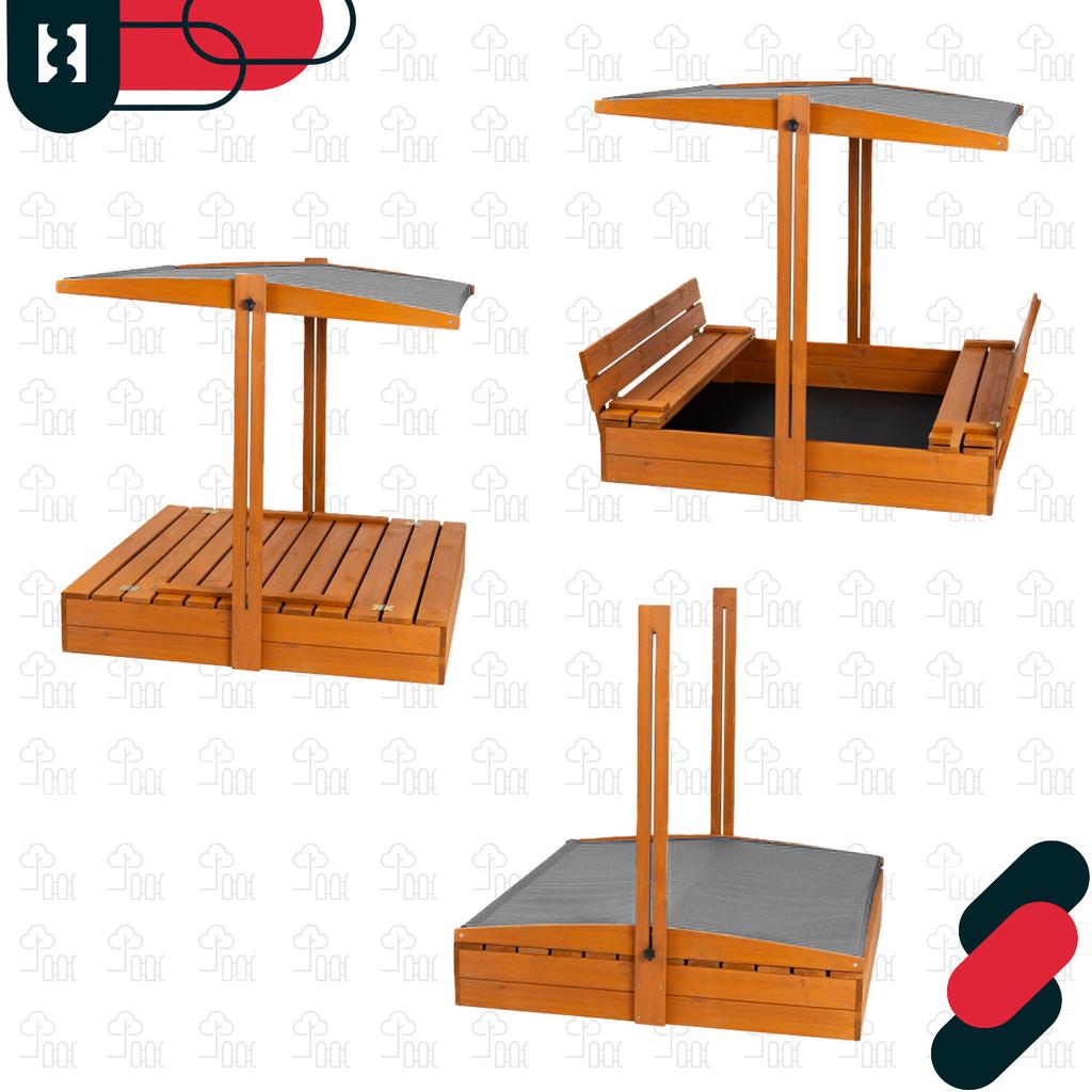 KOTARBAU® Large Wooden Sandbox with Grey Roof, Impregnated, Closed, with Benches, Brown, 100 X 100 CM