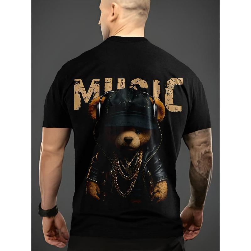 T-shirt d'été pour homme, taille européenne, pour le sport en extérieur, avec un design élégant et confortable à col rond et un motif d'ours noir et doré en 3D