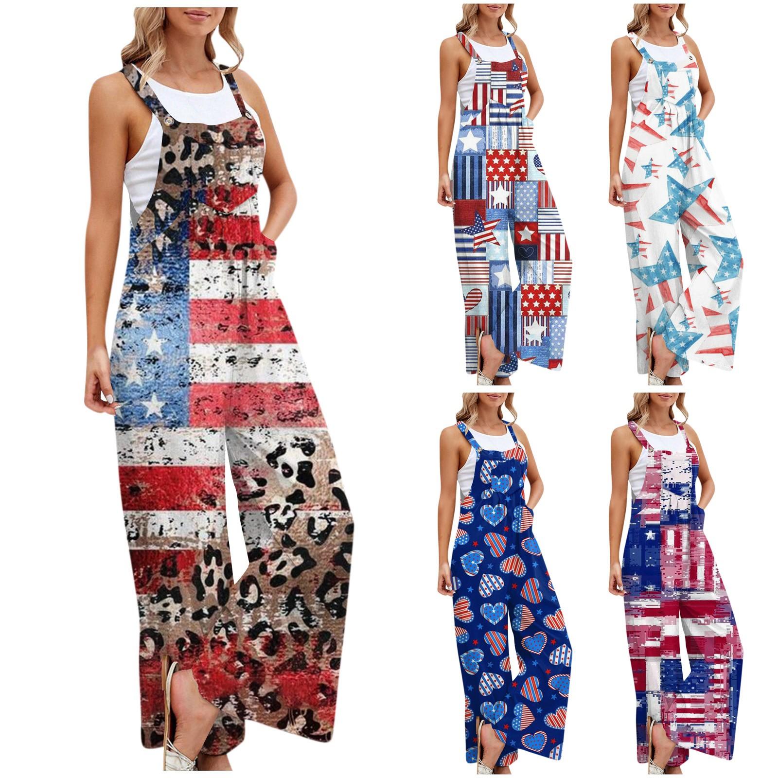 

(Куниде) Женские брюки, комбинезон, модный повседневный комбинезон с боковыми карманами и принтом ко Дню независимости, комбинезон с нерегулируемым ремнем