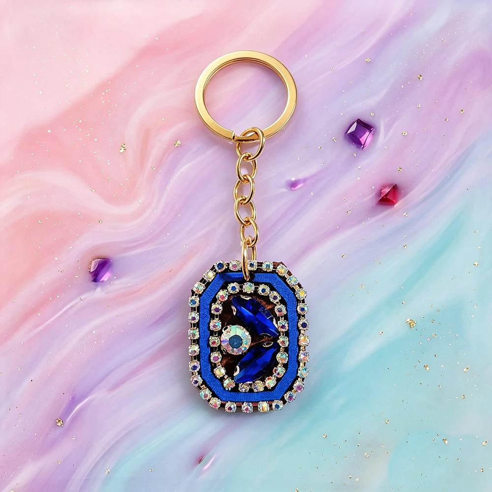 Light Luxury Leather Rhinestone Keychain - Handmade Geometric Bag Charm Pendant for Women