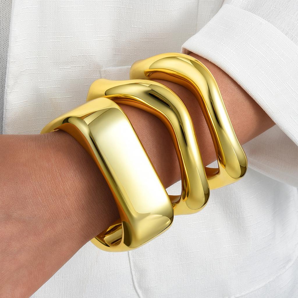 IF ME 3Pcs/Set Classic Geometric Wide Bangles for Women Geometric Smooth Gold Silver Color Chunky Bracelets Party Jewelry Accessories