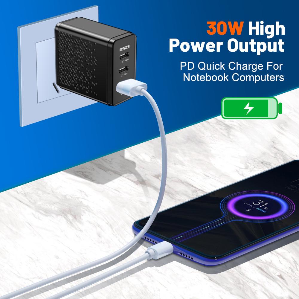 USB & Dual PD Type-C Multi-port Charger for US/EU/UK - 30W Travel Adapter