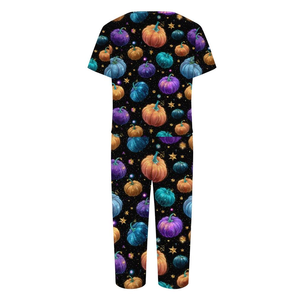 Women's Two Piece Set Short Sleeve Top and Capri Pants Casual Lounge Wear Halloween Floral Print Spider Web Pattern Soft Fabric