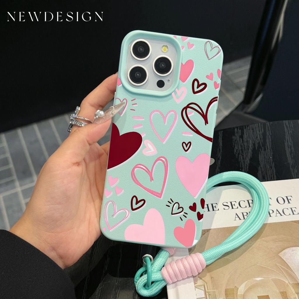 Fashion INS Y2K Love Heart Phone Chain Lanyard Case For iPhone 17 16 15 14 13 12 Pro Max 11 Plus Shockproof Lichee Pattern Funda