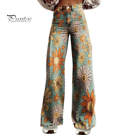 Dame Retro Casual Bukser Middels høyde Knapp Glidelåsgylf Vidt ben Lange Bukser med Lommer Digitalt Blomsterprint Fritidsbukser Streetwear
