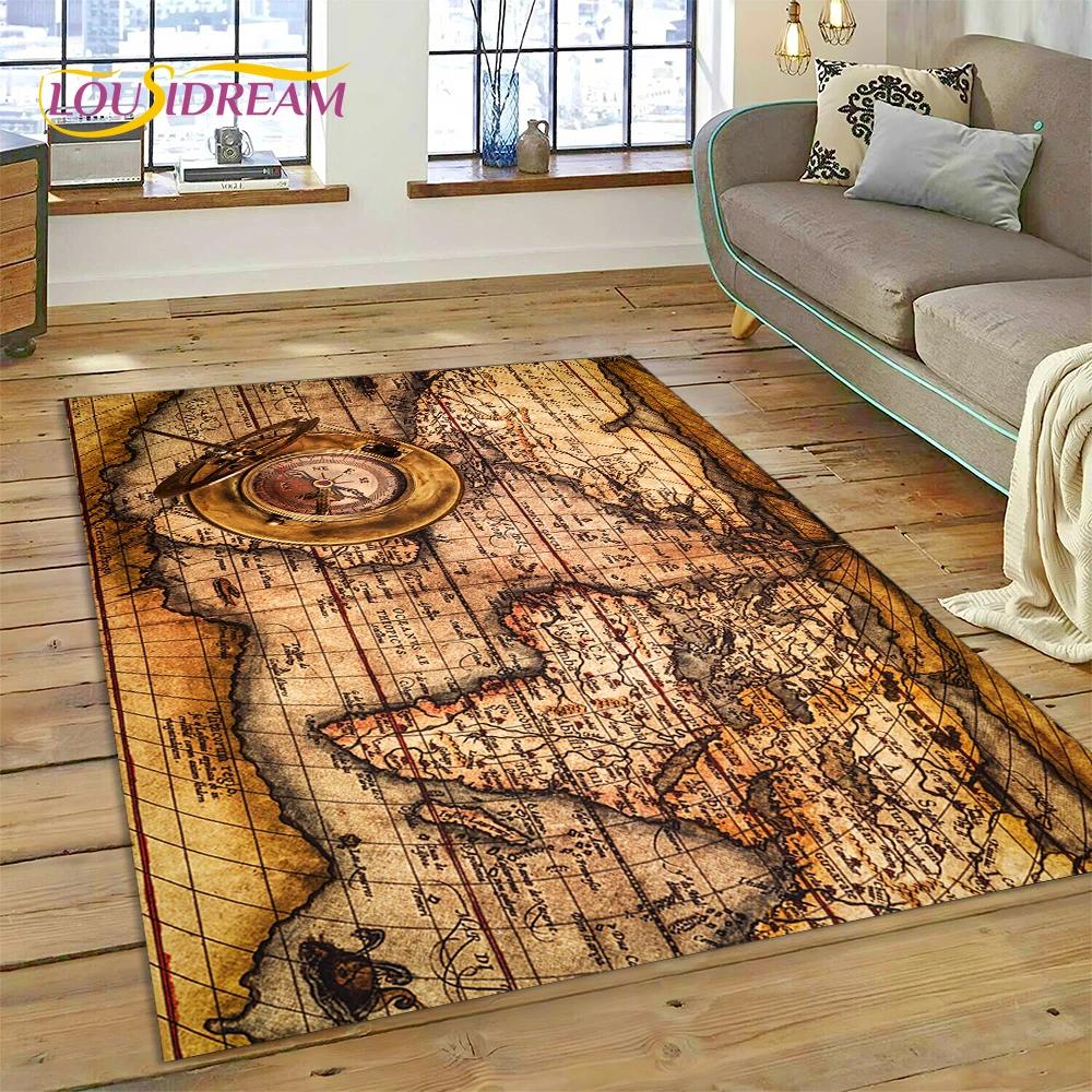 3D Starověká námořní mapa Mapa světa Kompas Koberec Kobereček do ložnice Obývacího pokoje Dekorace pohovky, Dětská hra Velká dekorační podložka na podlahu