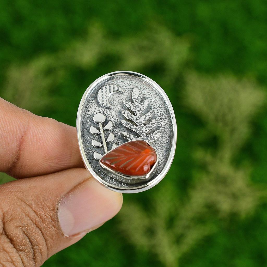 Natural Carved Carnelian Gemstone 925 Silver Statement Adjustable Ring For Women
