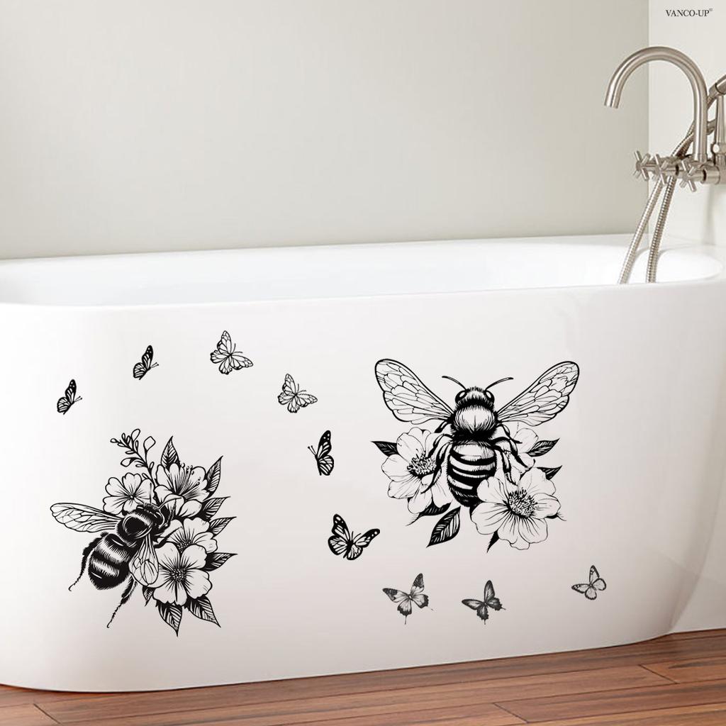 Bee Butterfly Floral Toilet Wall Sticker Self-Adhesive Waterproof Removable for Bedroom Living Room Background Wall Home Decor Art